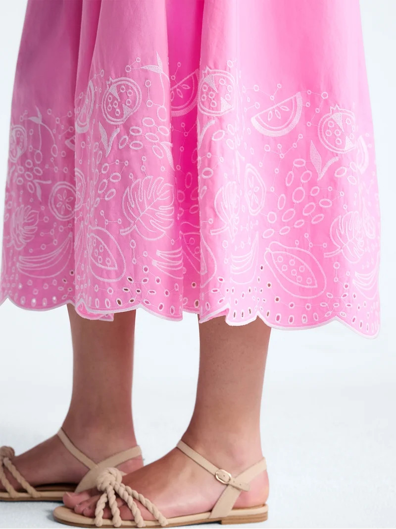 Free Assembly Women's Tie Waist Embroidered Cotton Midi Skirt, Sizes XS-XXL | Walmart (US)