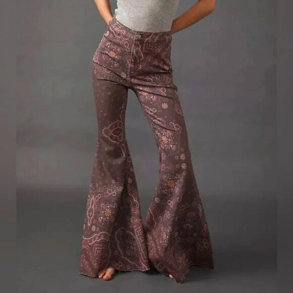 FREE PEOPLE pants just float on bell bottoms flare Jeans Brown Geo Combo 27 NWT | Poshmark