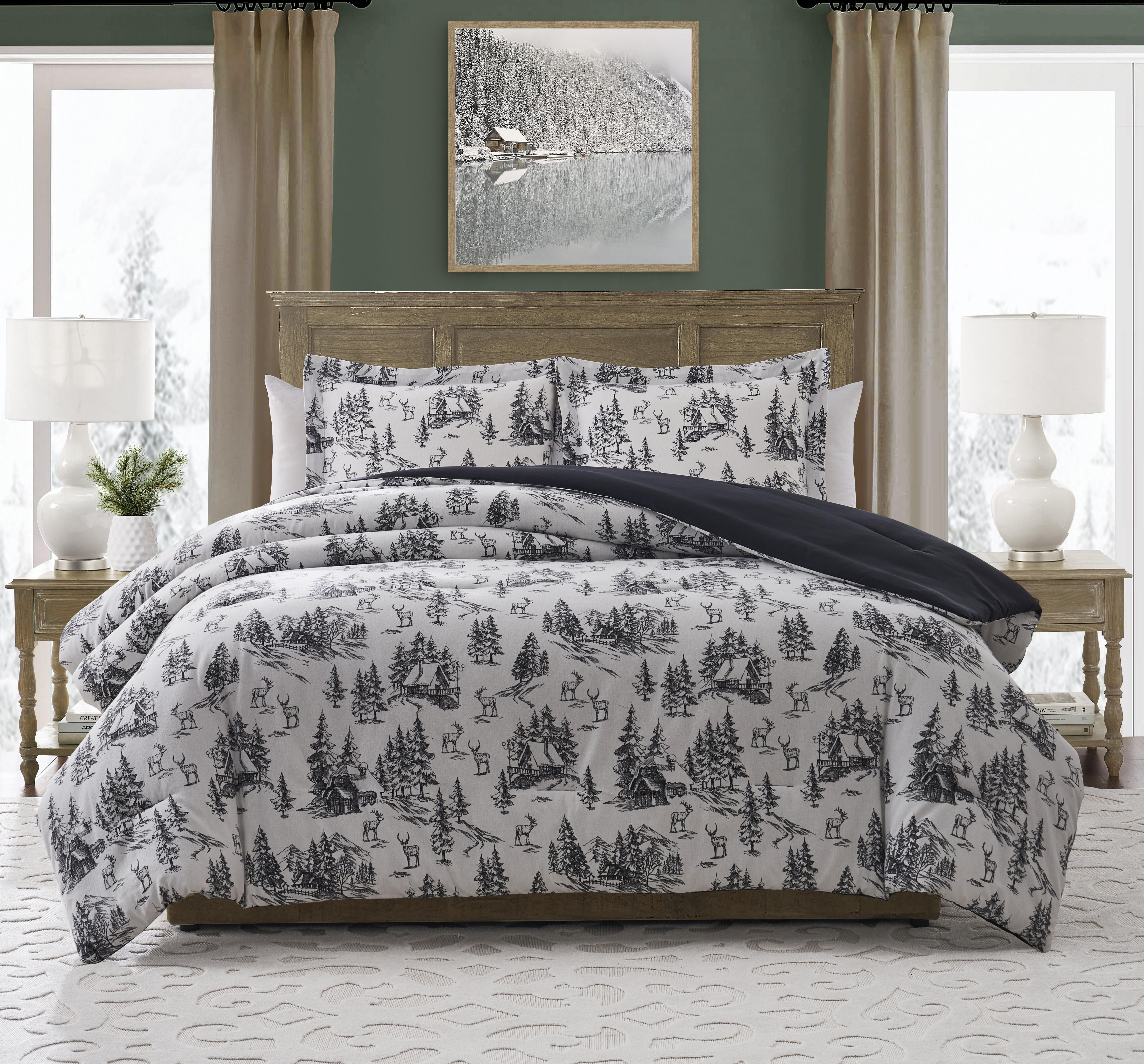 My Texas House Norwich Forest 3-Piece Ivory/Black Cotton Flannel Comforter Set, King | Walmart (US)