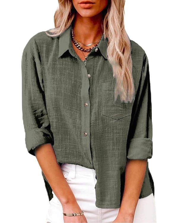 Womens Cotton Linen Button Down Shirt 2024 Spring Casual Long Sleeve Solid Color Shirts Loose Wor... | Amazon (US)