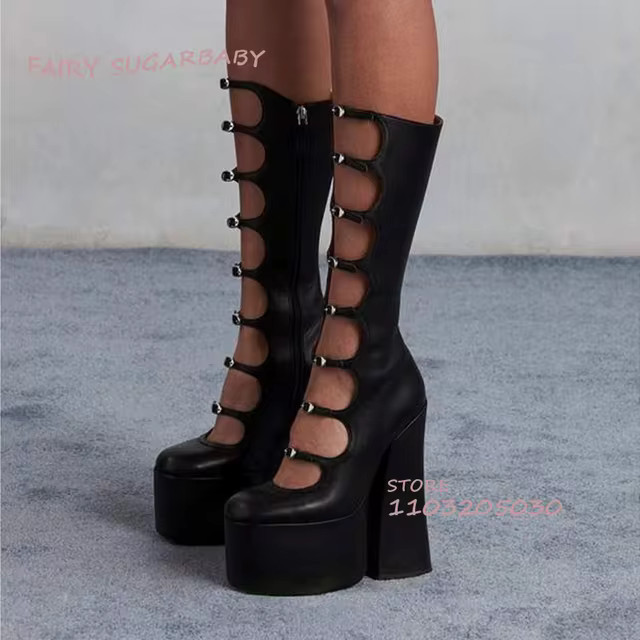 Pink Satin Hollow Belt Buckle Platform Lolita Boots Woman Princess Black Lace Satin Chunky Heel K... | AliExpress (US)