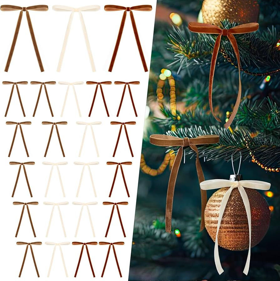24 Pcs Beige/Camel/Brown Velvet Bows for Christmas Tree, Vintage Velvet Ribbon Bow Ornaments for ... | Amazon (US)