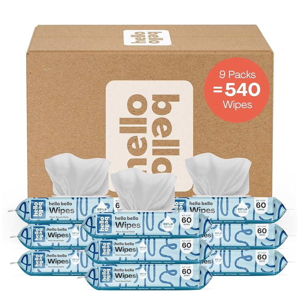 Hello Bello Extra Gentle Unscented Baby Wipes, Plant Based, Made with 99% Water and Aloe for Babies and Kids, 60 Count (Pack of 9) Total 540 Count | Amazon (US)
