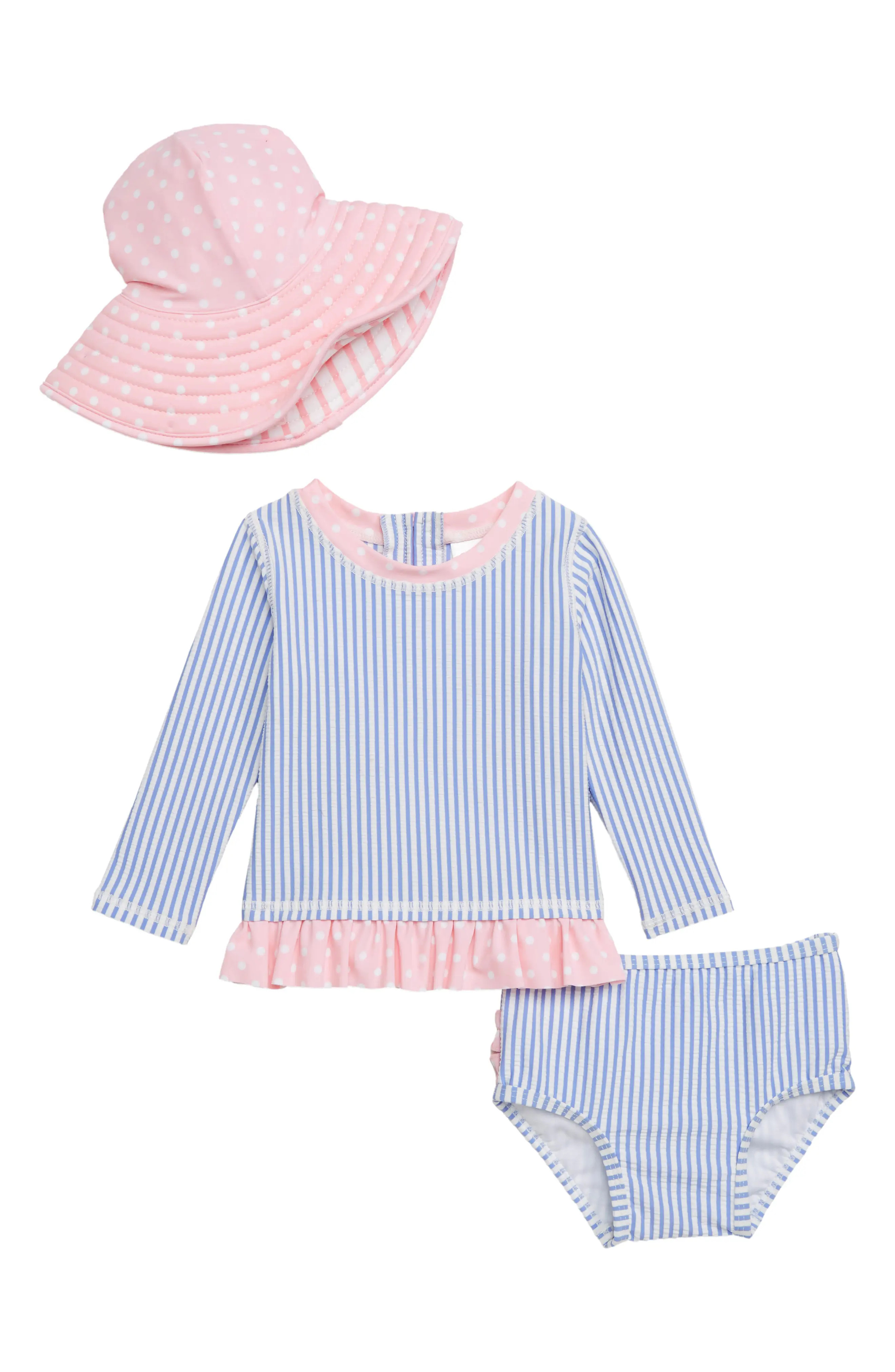 Infant Girl's Rufflebutts Seersucker Three-Piece Rashguard Swimsuit With Hat | Nordstrom