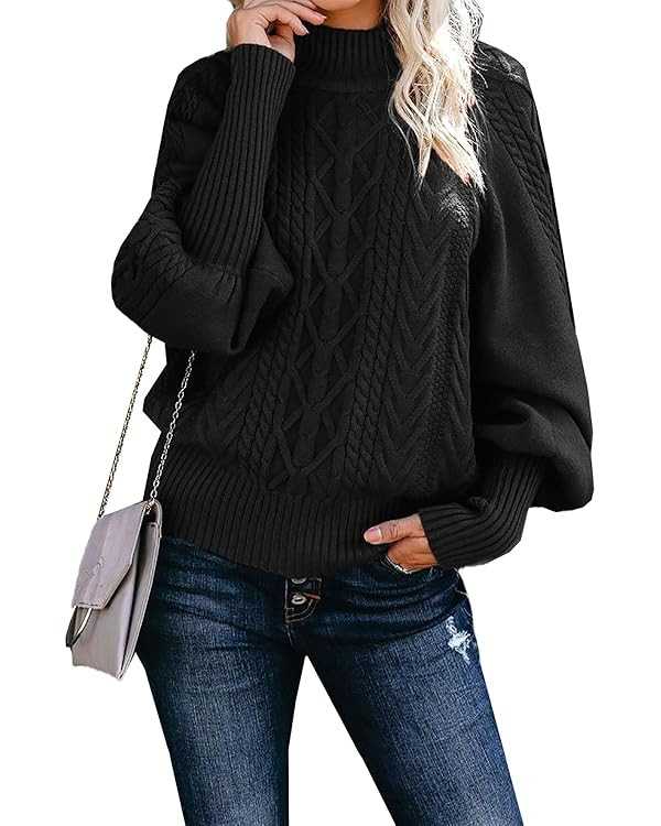 Dokotoo Womens Winter Casual Long Sleeve Solid Color Cable Knit Balloon Sleeve Mock Neck Sweater | Amazon (US)