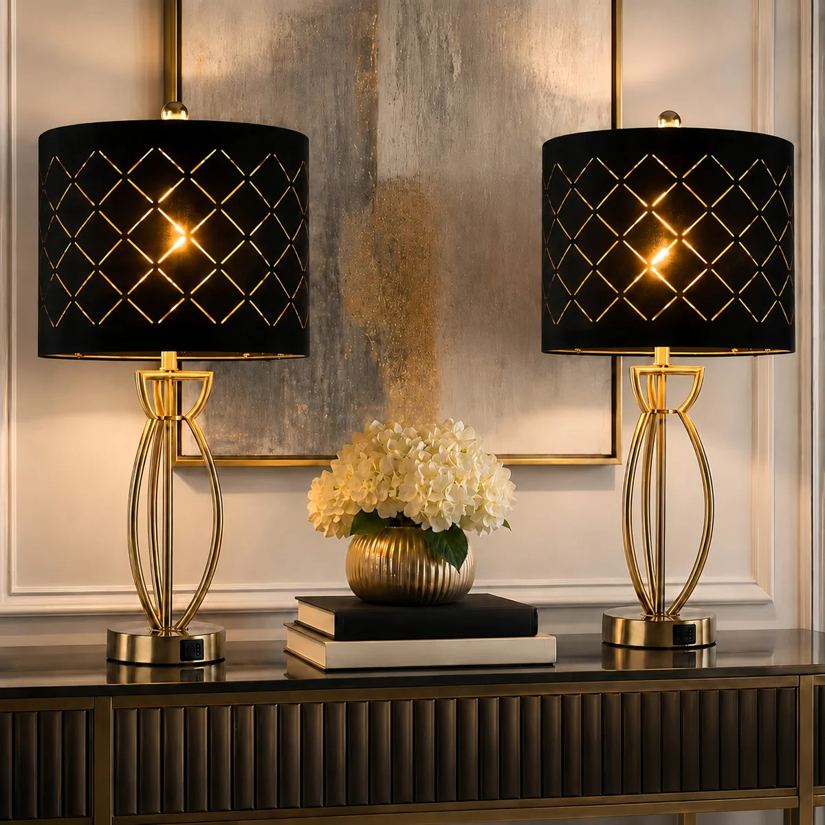 25" Modern Glam Metal Table Lamp with USB  Type-C Ports and Black Shade (Set of 2) | Wayfair North America
