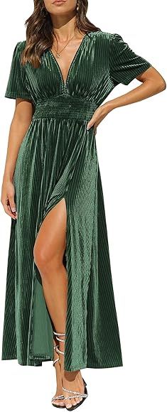 Sissyaki Women's Retro V-Neck Velvet Maxi Dress Wedding Guest Formal Party Long Dresses | Amazon (US)