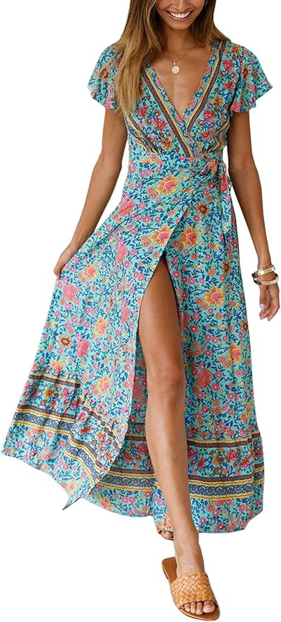 ECOWISH Women's Dresses Bohemian Wrap V Neck Short Sleeve Ethnic Style High Split Beach Maxi Dres... | Amazon (US)