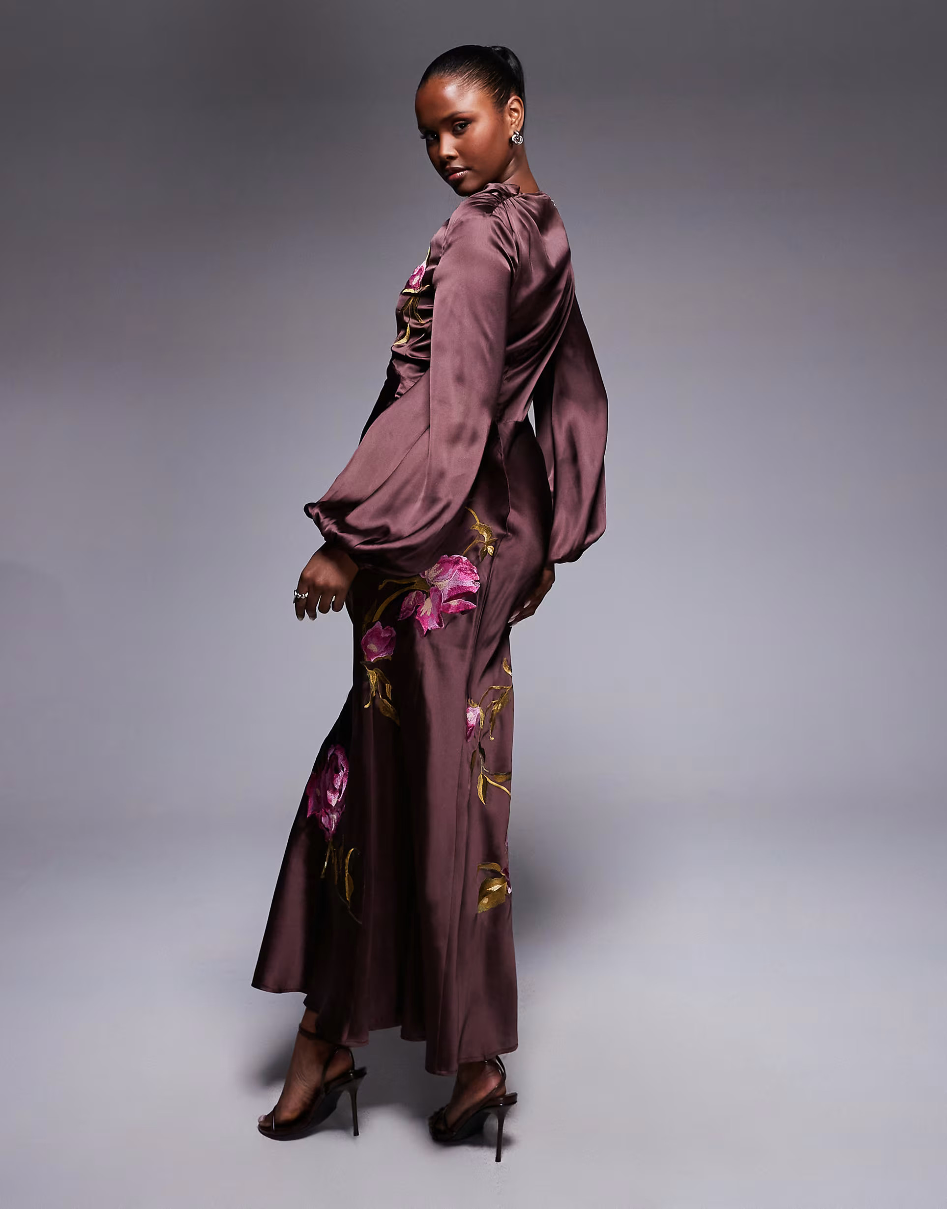 ASOS DESIGN cowl neck floral embroidered bias maxi dress with blouson sleeve in chocolate | ASOS | ASOS (Global)