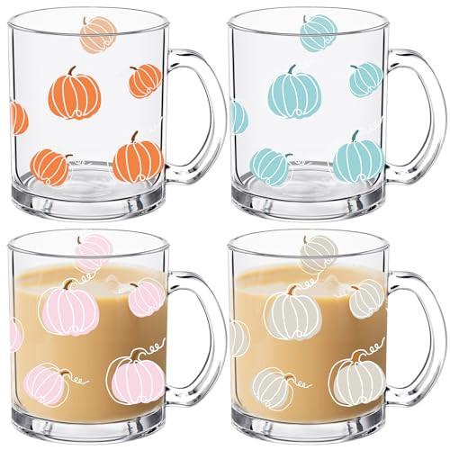 RimCereal 4 Pcs Thanksgiving Fall Glass Coffee Mugs with Handle Pumpkin Mug Cute Pumpkin Coffee Cups Autumn Harvest Fall Glass Cup for Drinking Beverage Tea Milk, 12oz | Amazon (US)