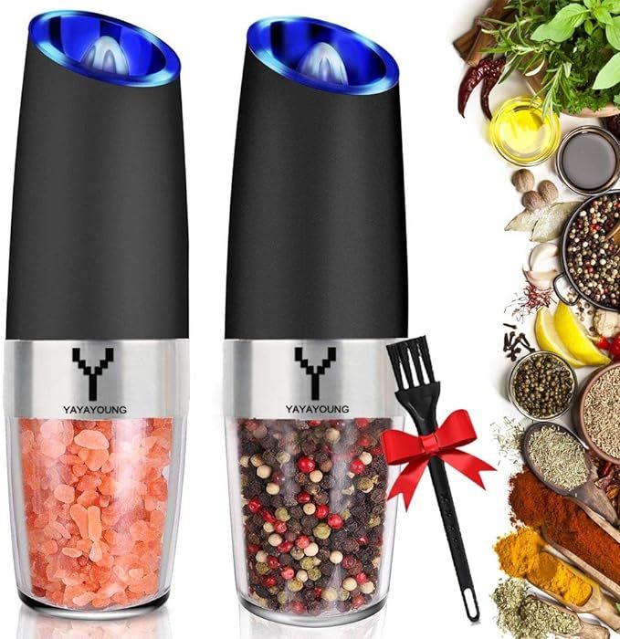 YAYAYOUNG Gravity Electric Grinder set of 2,Automatic Pepper and Salt Mill Grinder with Blue LED ... | Amazon (US)