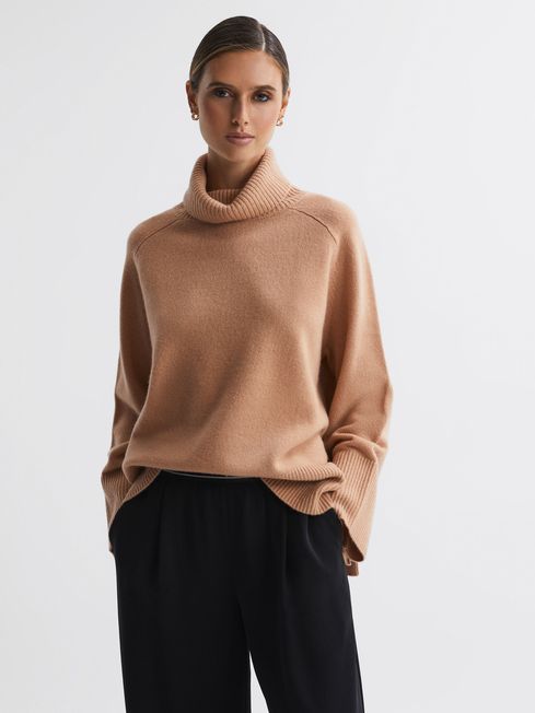 Reiss Camel Edina Relaxed Cashmere Funnel Neck Jumper | Reiss UK