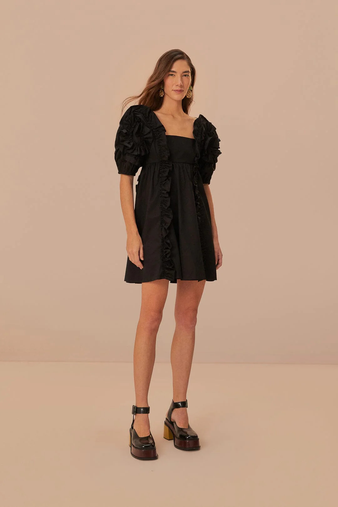 Black Ruffle Short Sleeve Mini Dress | FarmRio (US)
