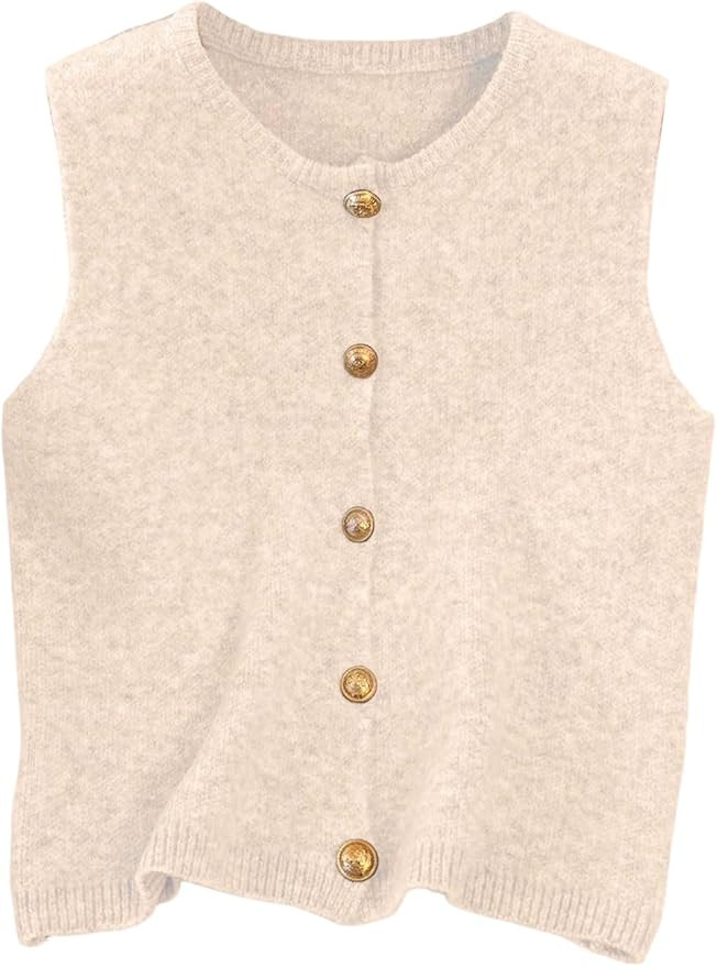 Women's Button Down Sweater Vest Sleeveless Crewneck Knit Outerwear Old Money Knitwear | Amazon (US)