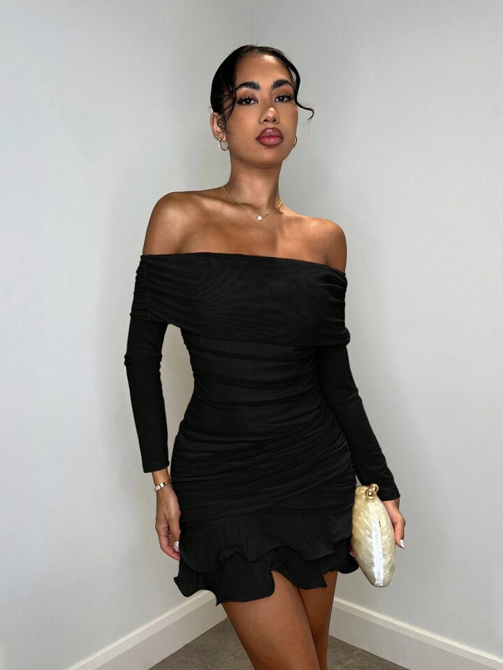 SHEIN BAE Women's Apricot Solid Color Mesh Knit Ruched Off Shoulder Sexy Open Shoulder Long Sleeve Exaggerated Ruffle Hem Elegant Sweet Mini Dress, Suitable For Afternoon Tea Gathering, Fashionable Outing, Date Night, Sweet Outing, Outdoor/Night Out, Christmas Party, New Year's Eve, Holiday Outfits, Long Sleeve Dress, Sexy Women's Outfits, Club Women's Outfits, Long Sleeve Mini Dress | SHEIN