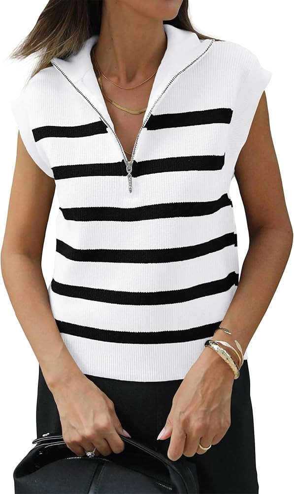 PRETTYGARDEN 2024 Summer T Shirts for Women Casual 1/2 Zip Cap Sleeve V Neck Striped Knit Tee Top... | Amazon (US)