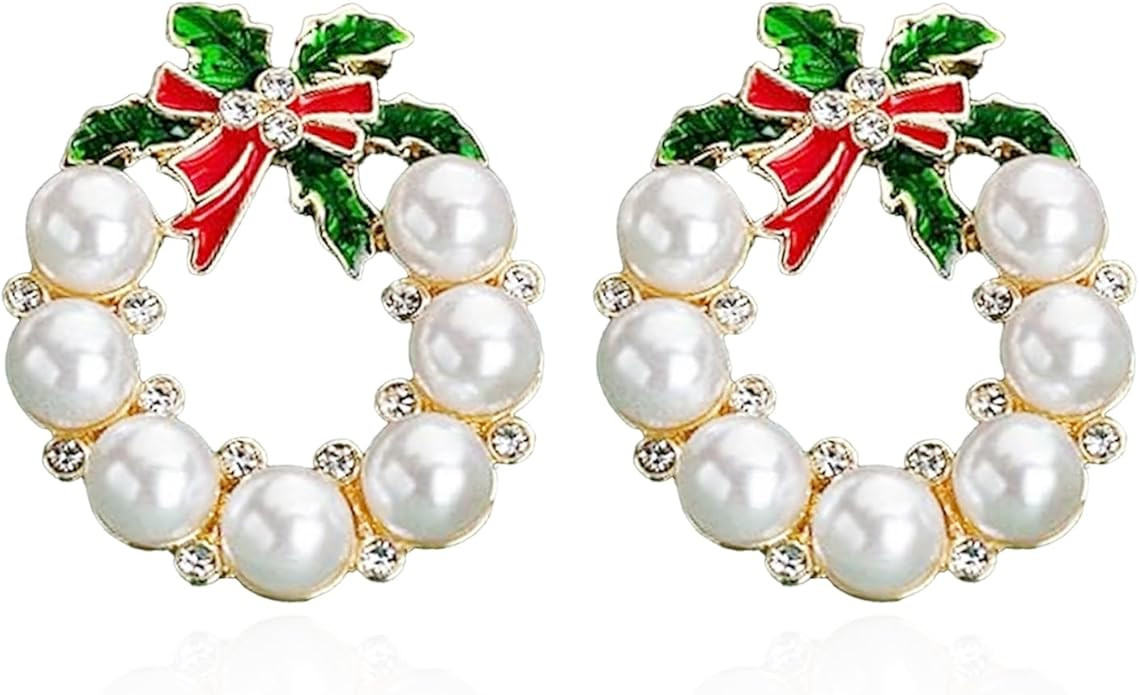 Christmas Earrings for Women Rhinestone Pearl Bow Earrings Holiday Jewelry Gifts Christmas Outfit... | Amazon (US)