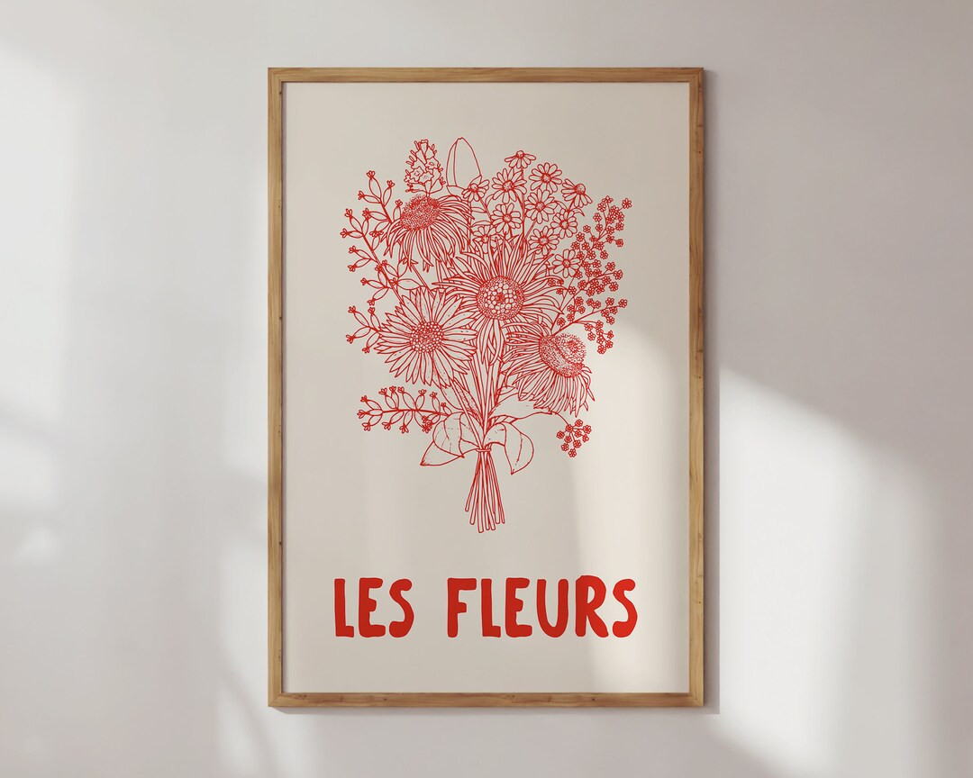 Les Fleurs Poster, Botanical Print, Digital Download, Hand Drawn Flower Print, Retro Floral Poste... | Etsy (US)