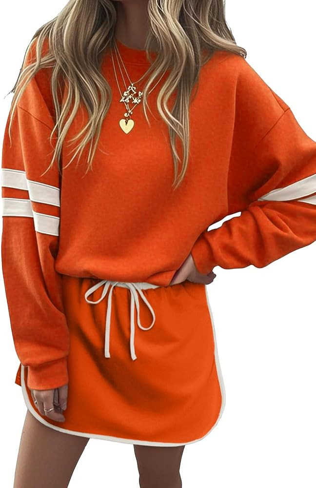 KevaMolly Womens Skirt Sets Varsity Stripe Detail Drop Shoulder Pullover Mini Skirt Set Casual Tw... | Amazon (US)