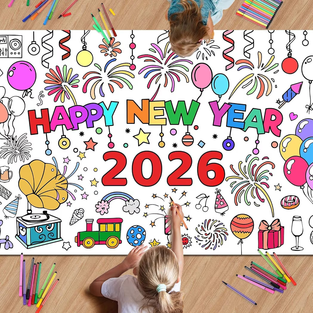 AUGSUN Happy New Year Giant Coloring Poster/Tablecloth - New Years Decorations 2026, 72 x 30 Inch... | Amazon (US)