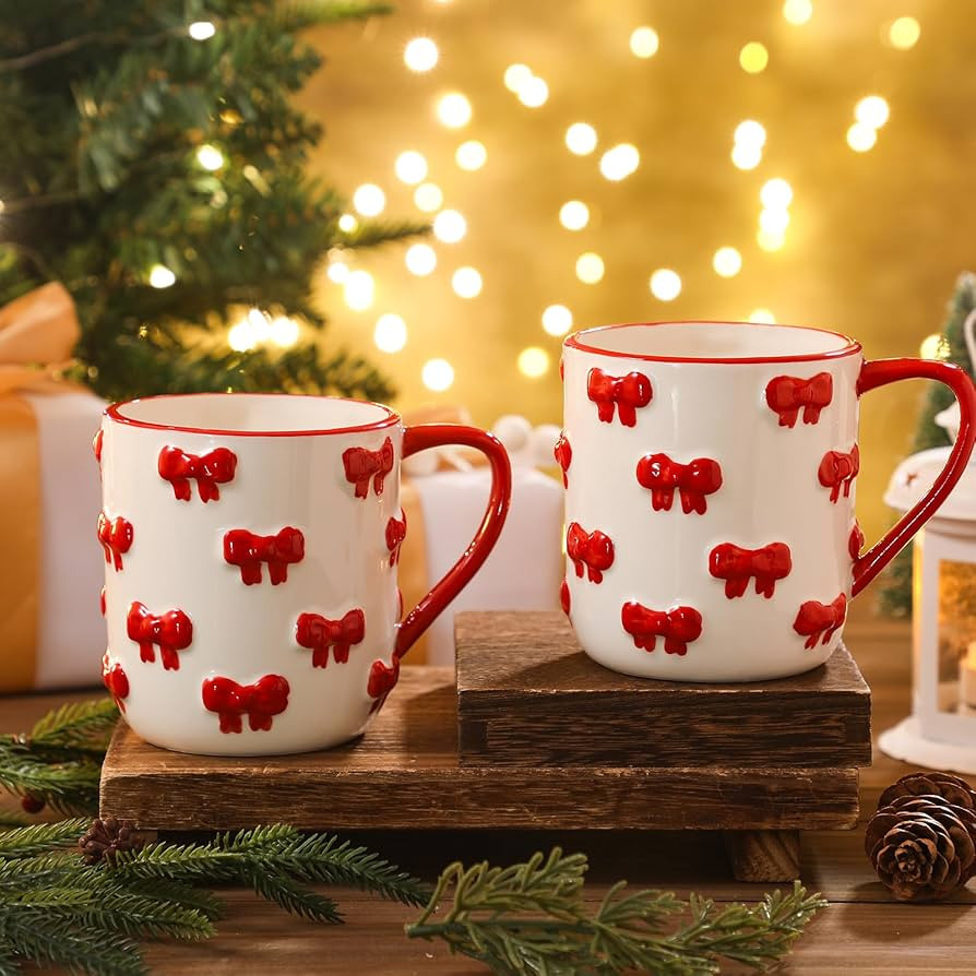 Set of 2 Christmas Bow Mugs 15oz Ceramic Holiday Coffee Cups with 3D Red Christmas Bow Design Xma... | Amazon (US)