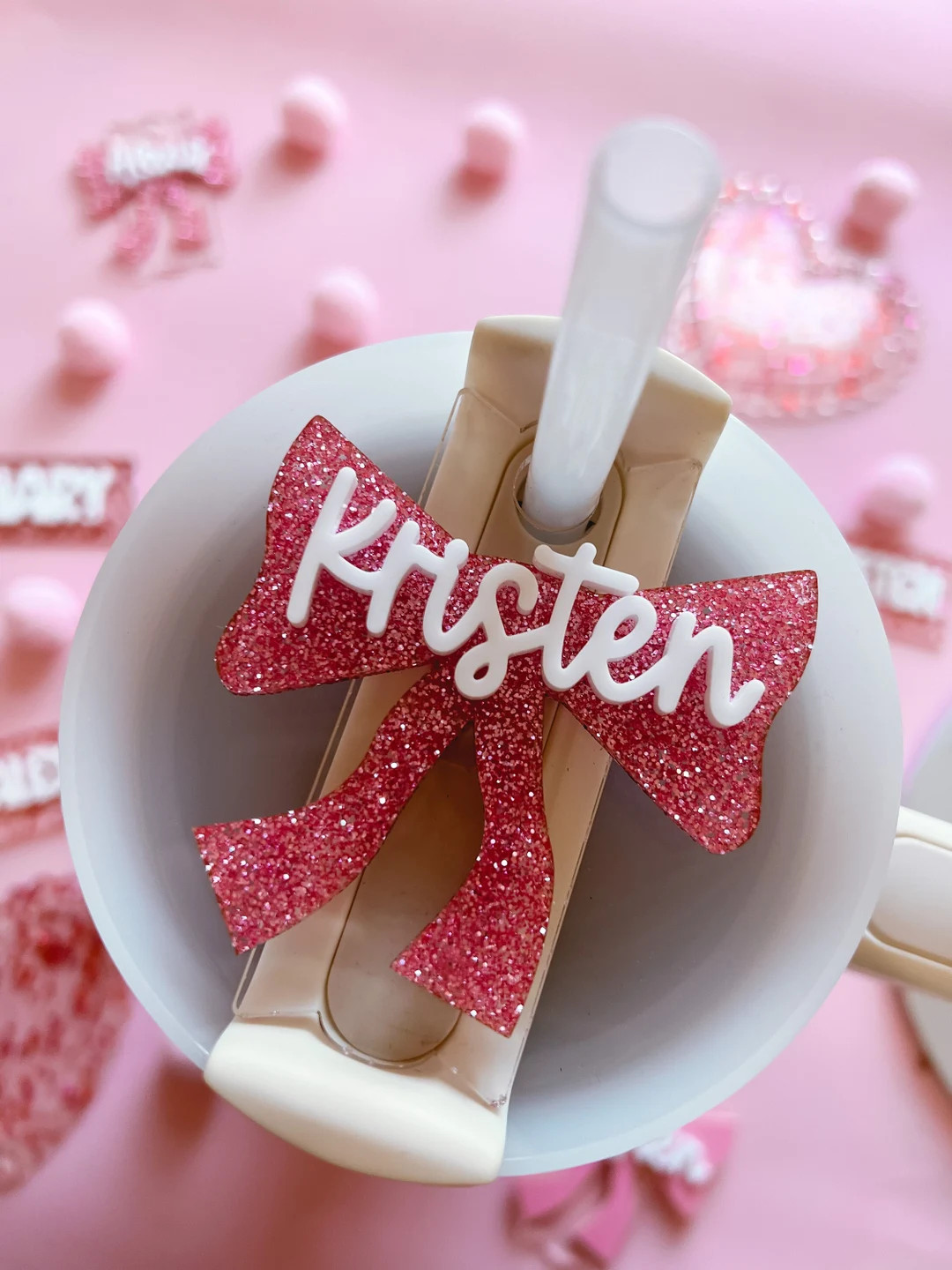 Glitter Bow Tumbler Personalized Name Tag, Personalized Name Tag for Stanley Lid, Name for Tumble... | Etsy (US)