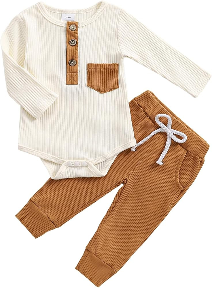 fhutpw Baby Boy Clothes 3 6 12 18 Months Ribbed Knitted Long Sleeve Romper and Pants Sets Newborn... | Amazon (US)
