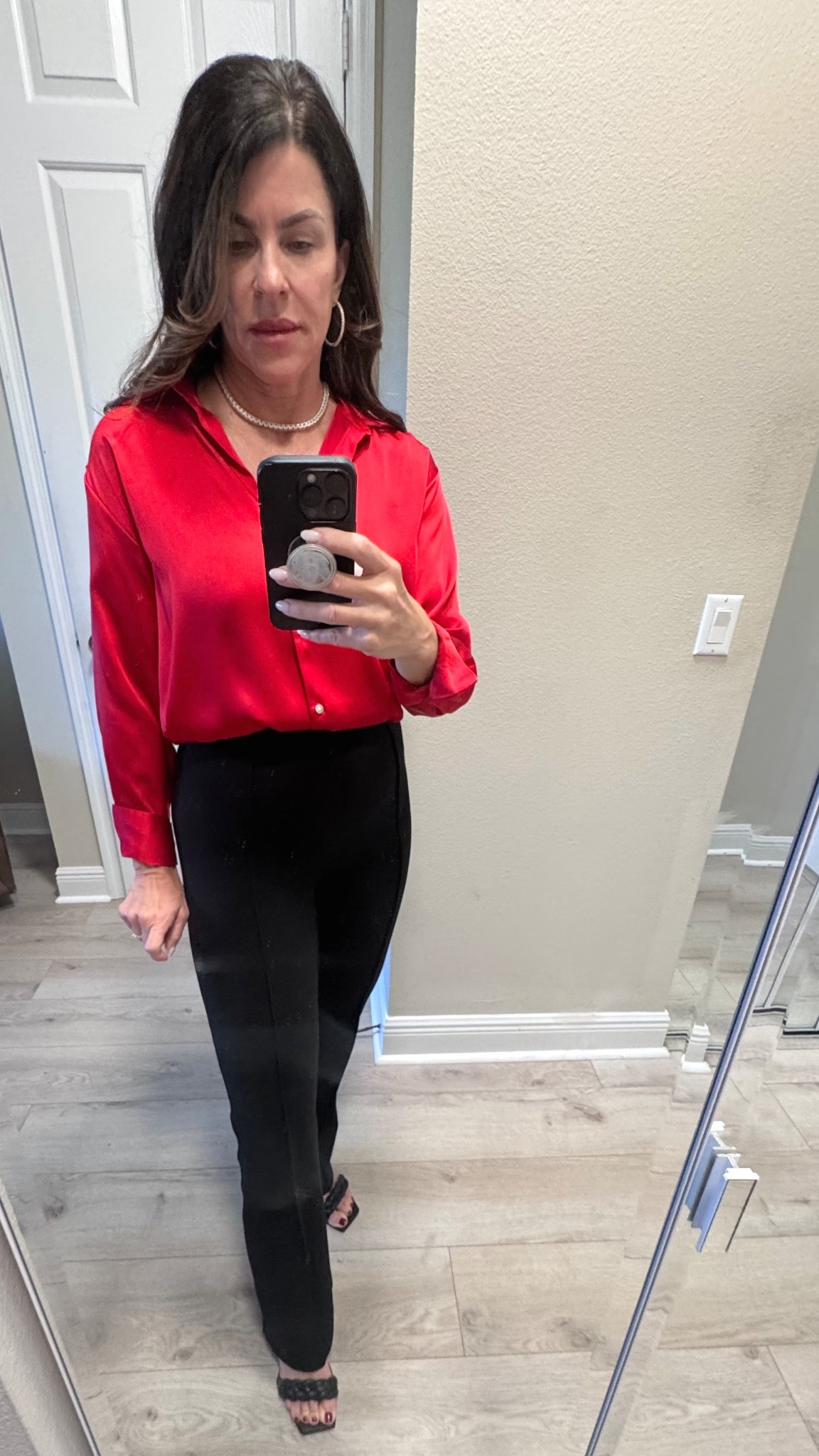 Open House fit for comfort & Holiday vibes. Love this satin feel collared top from Zara ( old but linked similar) would be great with jeans too. Pants that give you a hug in all the right places & on sale . Not to mention all the sparkles from this tennis necklace that looks like the real deal! #spanxpartner #spanx

#LTKHoliday #LTKWorkwear #LTKOver40
