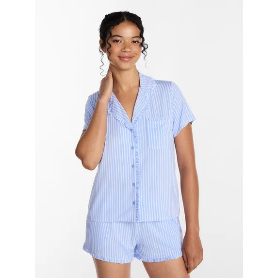 Joyspun Women’s Modal-Blend Ruffle Trim Notch Collar Top and Shorts Pajama Set, 2 Piece, Sizes ... | Walmart (US)