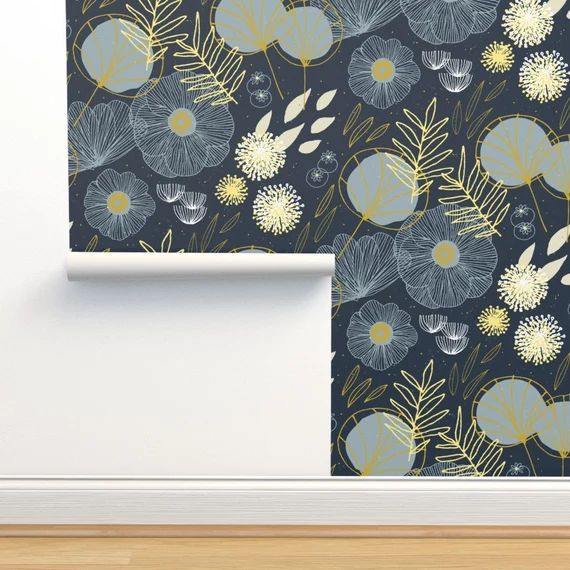 Plants Fresh Wallpaper  Spring Floral Navy Black by Friztin  - Etsy | Etsy (US)