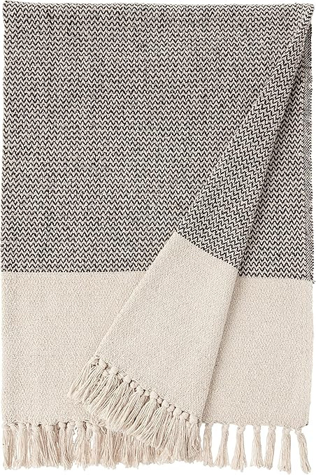 Bloomingville A14208833 Grey & Cream Cotton Knit Throw with Fringe | Amazon (US)