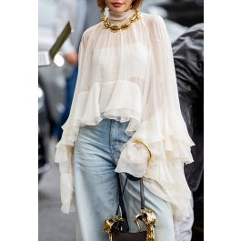 Dramatic Ruffle Bell Sleeve Hi-Lo Chiffon Top in White for Dressy Brunch & Date Night | Chicwish