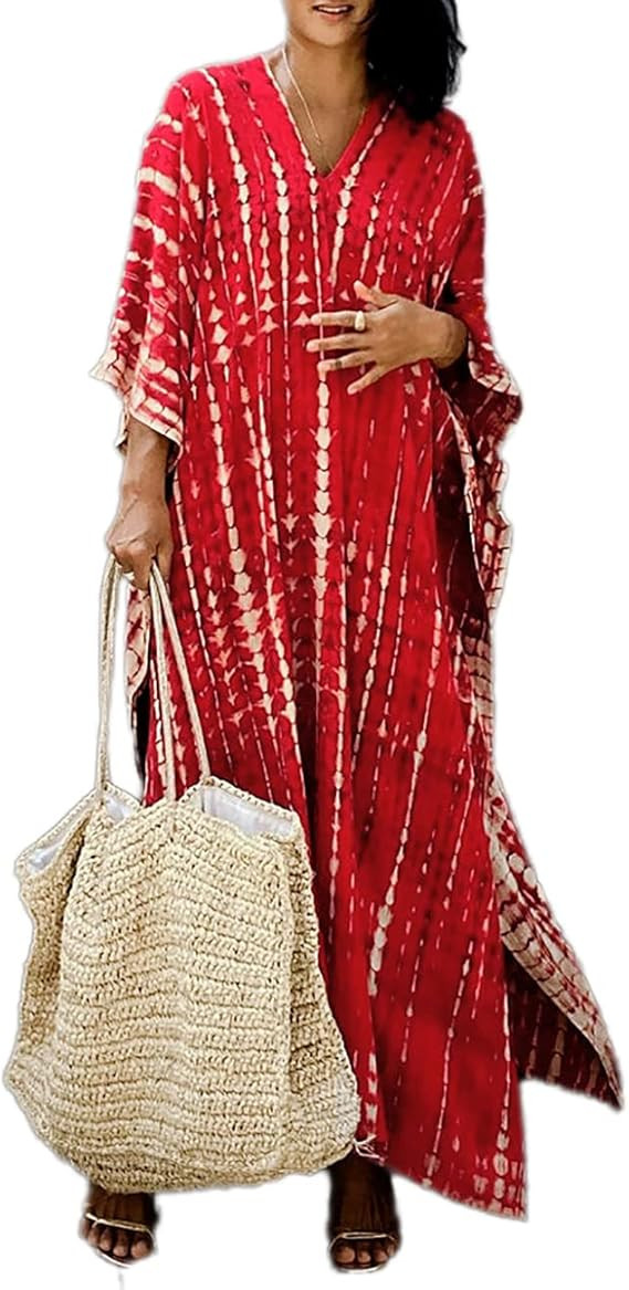 Bsubseach Women Print Beach Kaftan Dress Short Sleeve Plus Size Bathing Suit Cover Ups | Amazon (US)