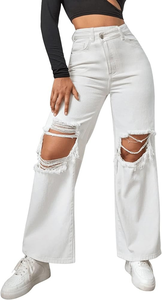 SweatyRocks Women's Straight Wide Leg High Waisted Jeans Ripped Distressed Cut Out Denim Pants | Amazon (US)