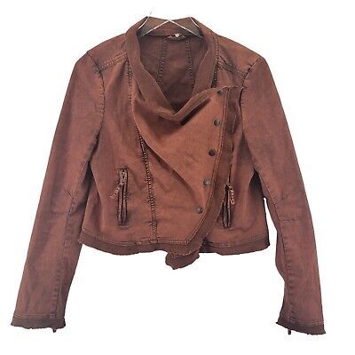 Free People Cropped Denim Moto Jacket Burnt Orange Raw Edges Size Small | eBay US