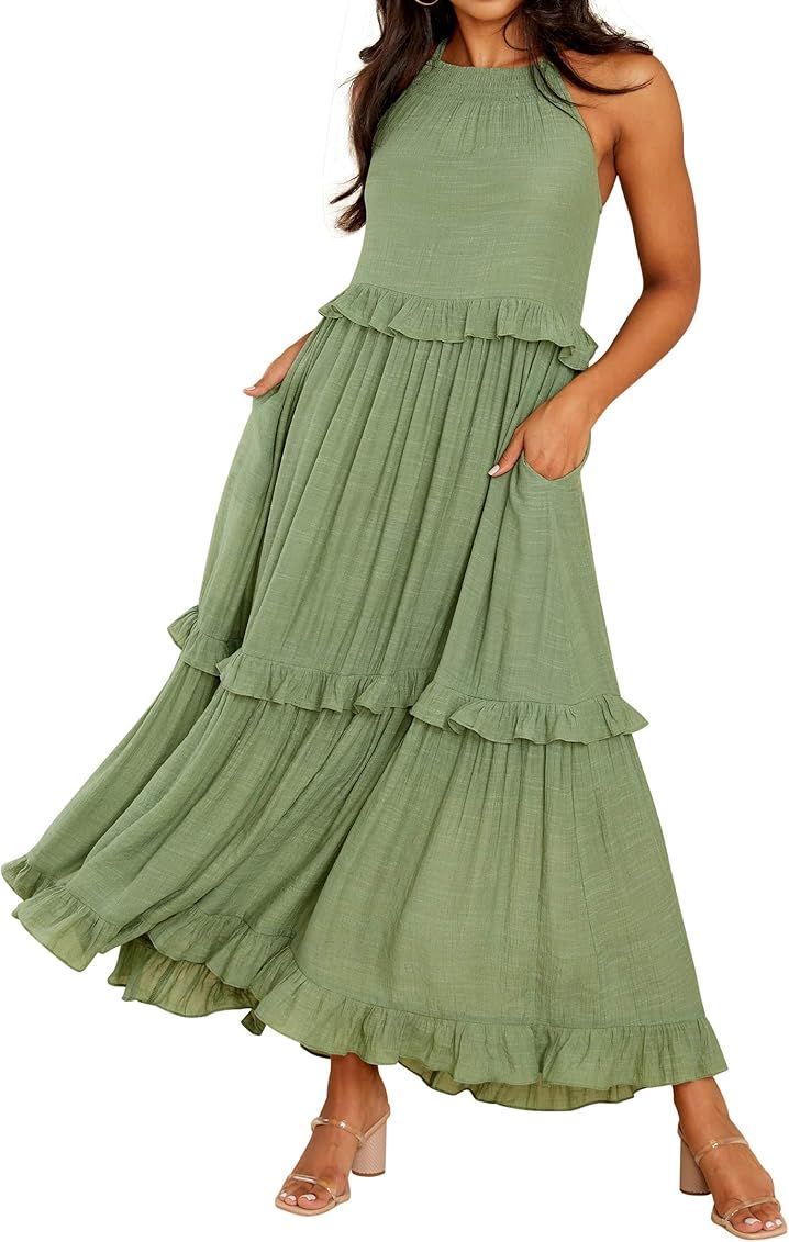 R.Vivimos Womens Summer Dress Cotton Sleeveless Halter Layered Ruffles Casual Boho Flowy Maxi Dress | Amazon (US)