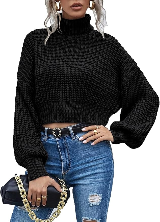 Chigant Women's Turtleneck Knit Sweaters Casual Lantern Long Sleeve Pullover Cropped Cute Jumper ... | Amazon (US)