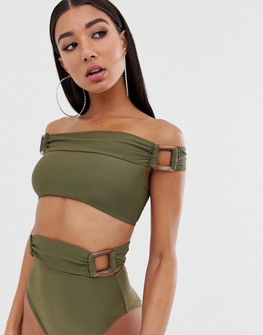 ASOS DESIGN recycled layered bandeau bikini top with tortoiseshell ring detail in khaki | ASOS US