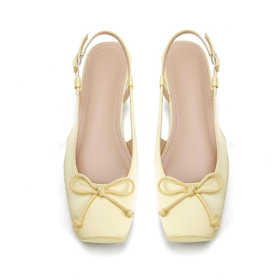 Women's Ballet Flats Slingbacks Square Toe Bow Knit Dressy Flat Shoes with Ankle Buckles Satin | Amazon (US)