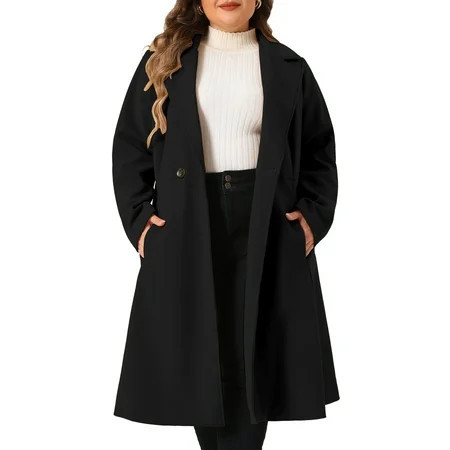 DARING DIVA Women s Plus Size Notch Lapel Double Breasted A Line Coat 2X Black | Walmart (US)