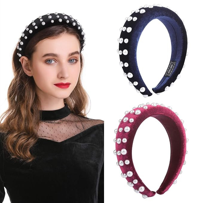 AWAYTR Velvet Padded Pearl Embellished Headband Large Padded Velvet Races Goth Wedding Headpiece ... | Amazon (US)