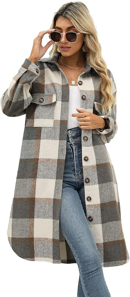 PUWEI Women's Long Flannel Plaid Jacket Shacket Cozy Lapel Button Down Shirt Jacket Fuzzy Trench ... | Amazon (US)