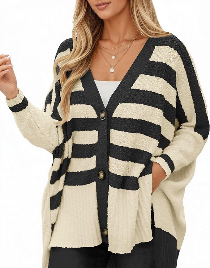 Saodimallsu Womens Oversized Striped Cardigan Sweaters V Neck Fuzzy Knit Button Up Side Slit Fall... | Amazon (US)