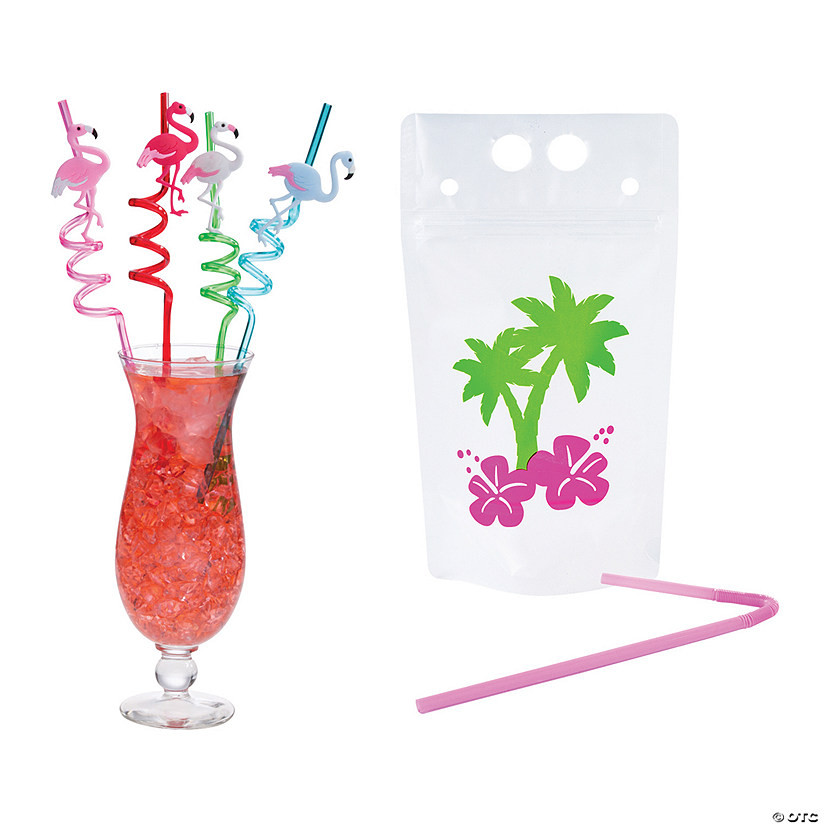 16 oz. Luau Plastic Drink Pouches & Silly Straws Kit - 74 Pc. | Oriental Trading Company