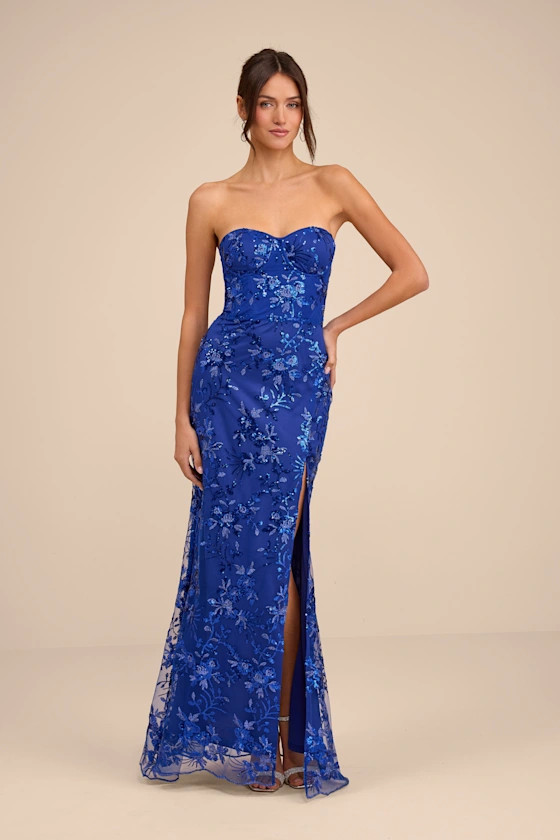 Confident Sensation Cobalt Sequin Strapless Bustier Maxi Dress | Lulus