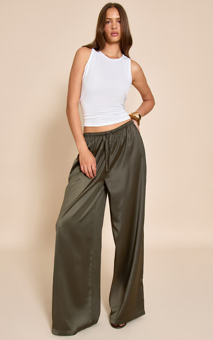 Olive Khaki Satin Wide Leg Drawstring Pants | PrettyLittleThing US