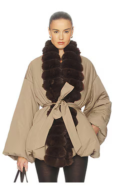 Helsa Bubble Puffer With Faux Fur in Tan & Cedar from Revolve.com | Revolve Clothing (Global)