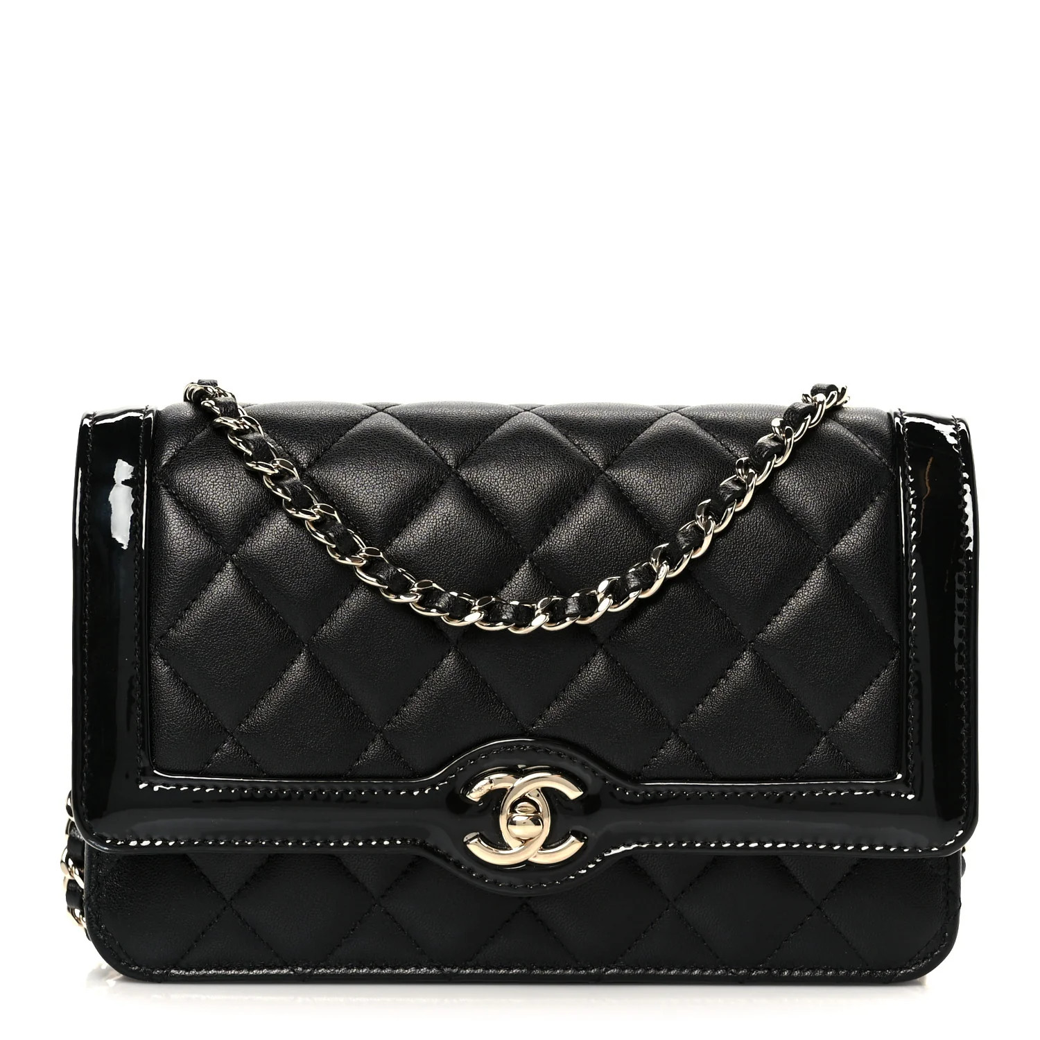 Lambskin Patent Calfskin Quilted Hold The Line CC Wallet On Chain WOC Black | FASHIONPHILE (US)