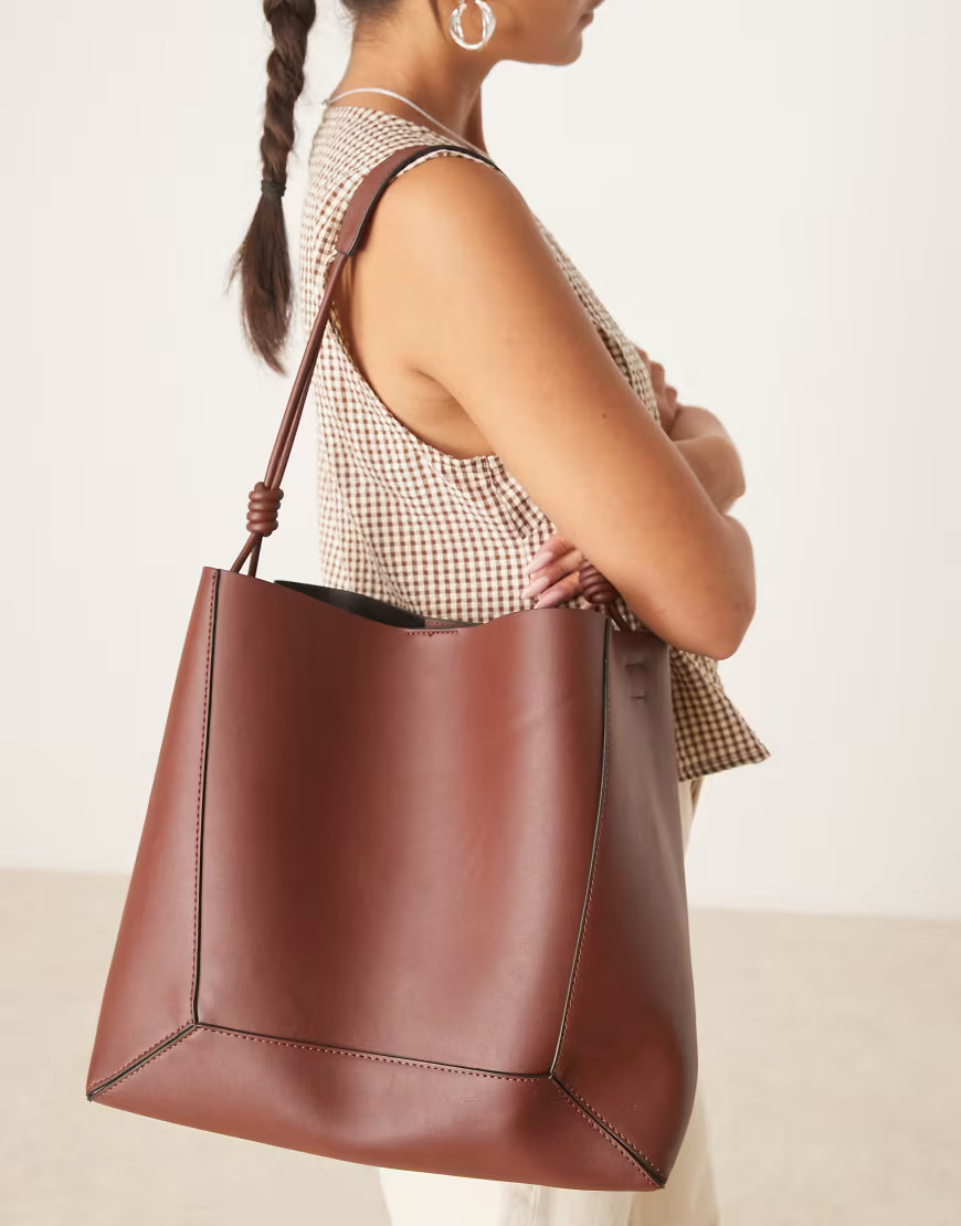 ASOS DESIGN paneled tote bag with knot handle in brown | ASOS (Global)