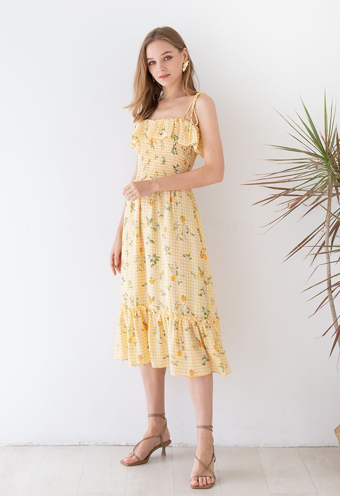 Lemon and Gingham Print Shirred Midi Dress | Chicwish